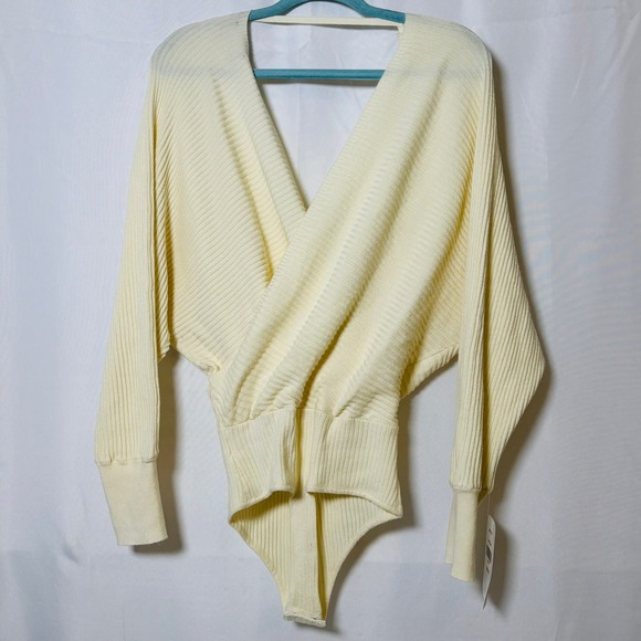 Dress Up Bodysuit Women Large Ivory Ribbed Knit Long Sleeve Surplice VNeck *NWT* - Picture 2 of 4